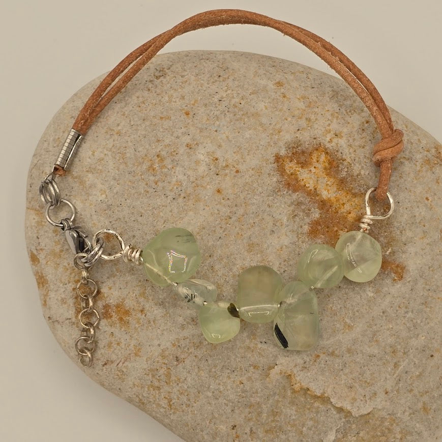 Handmade Jewelry; Prehnite with Natural Tan Leather and Extender Chain; Tina Lucas; The Cool Collective; Woman-Owned Small Business