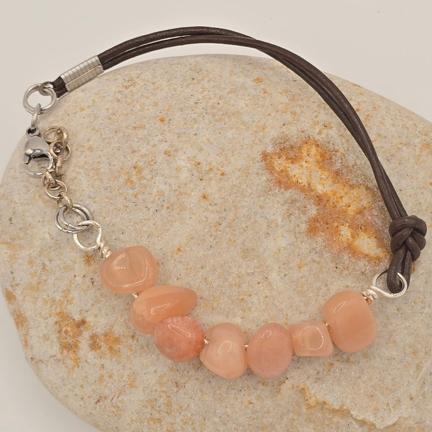 Handmade Jewelry; Sunstone Nuggets with Dark Brown Leather and Extender Chain; Tina Lucas; The Cool Collective; Woman-Owned Small Business