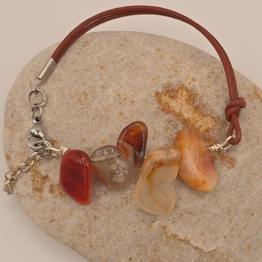 Handmade Jewelry; Carnelian with Medium Brown Leather and Extender Chain; Tina Lucas; The Cool Collective; Woman-Owned Small Business