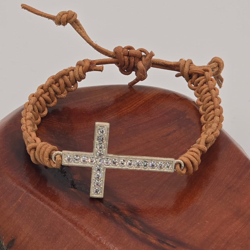 Handmade Jewelry; Sparkle Cross on Natural Tan Leather with Adjustable Closure; Tina Lucas; The Cool Collective; Woman-Owned Small Business