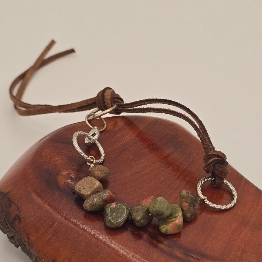 Handmade Jewelry; Unakite with Dark Brown Suede; Adjustable Style; Silver Tone Accents; Tina Lucas; The Cool Collective; Woman-Owned Small Business