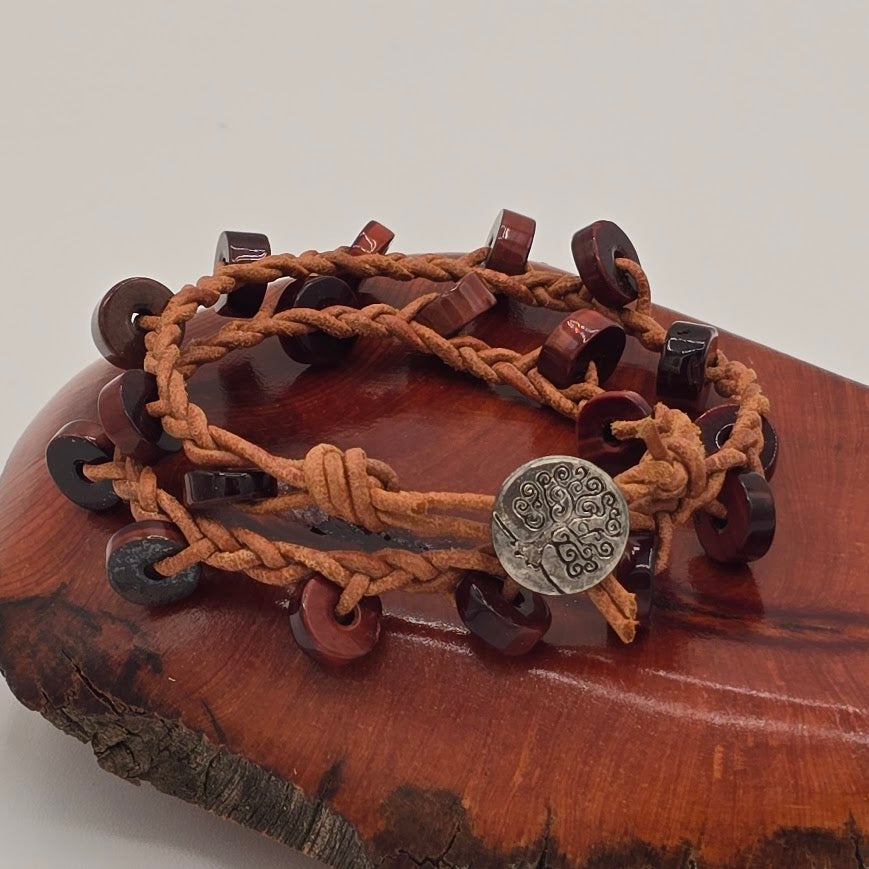 Braided Natural Tan Leather Double Wrap Bracelet with Red Tiger's Eye and Tree of Life Button Closure