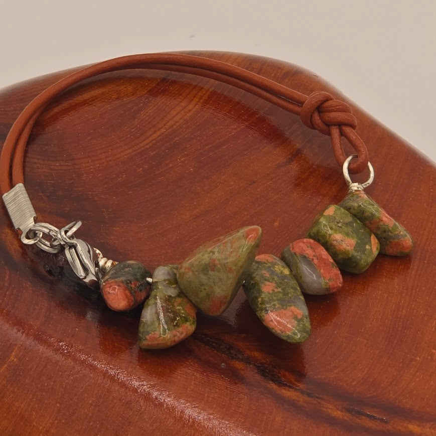 Handmade Jewelry; Unakite with Medium Brown Leather and Extender Chain; Tina Lucas; The Cool Collective; Woman-Owned Small Business
