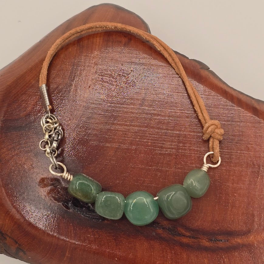 Handmade Jewelry; Green Aventurine with Natural Tan Leather and Extender Chain; Tina Lucas; The Cool Collective; Woman-Owned Small Business