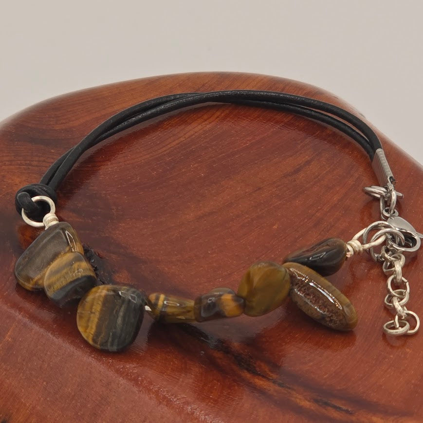 Handmade Jewelry; Tiger's Eye with Black Leather and Extender Chain; Tina Lucas; The Cool Collective; Woman-Owned Small Business