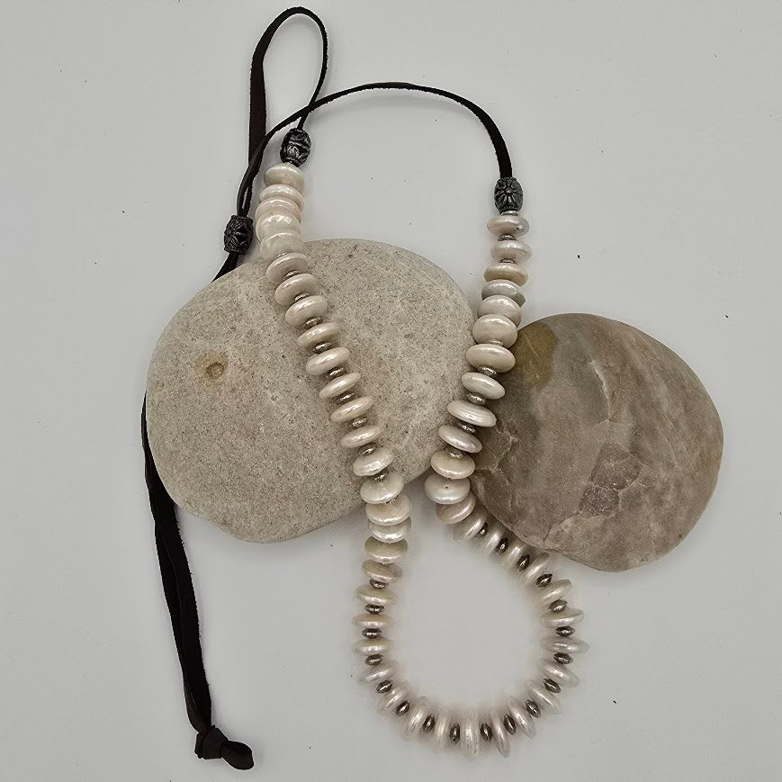 Coin Pearls Necklace with Silver Tone Spacers on Brown Leather; Adjustable