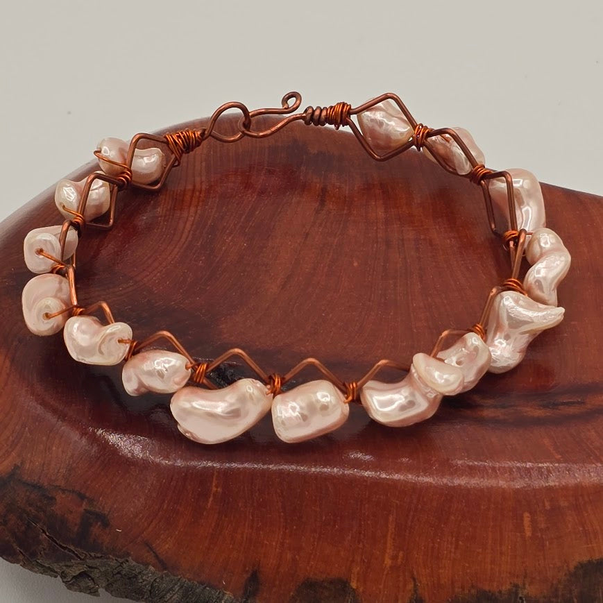 Pink-Peach Pearls Wire Wrapped on a Copper Frame Bangle Bracelet