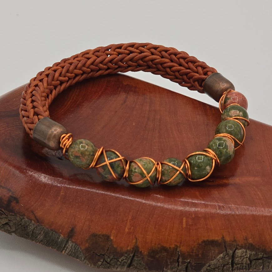 Handmade Jewelry; Medium Brown Leather; Viking Knit; Copper-Wrapped Unakite Stones; Tina Lucas; The Cool Collective; Woman-Owned Small Business