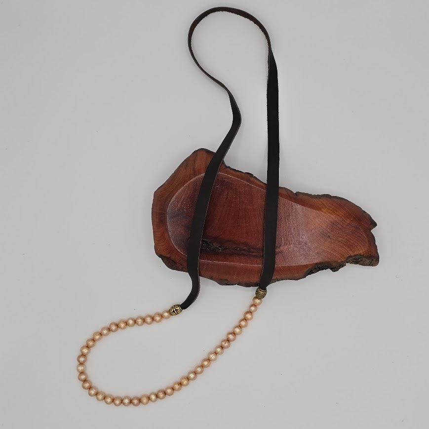 Champagne Pearls and Dark Brown Leather Necklace