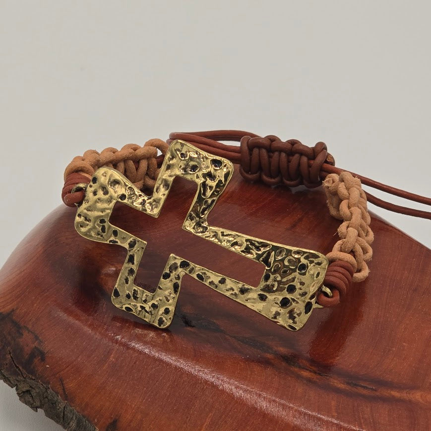 Handmade Jewelry; Hammered Gold Tone Cross on Two Tone Leather with Adjustable Closure; Tina Lucas; The Cool Collective; Woman-Owned Small Business