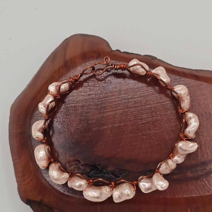 Pink-Peach Pearls Wire Wrapped on a Copper Frame Bangle Bracelet