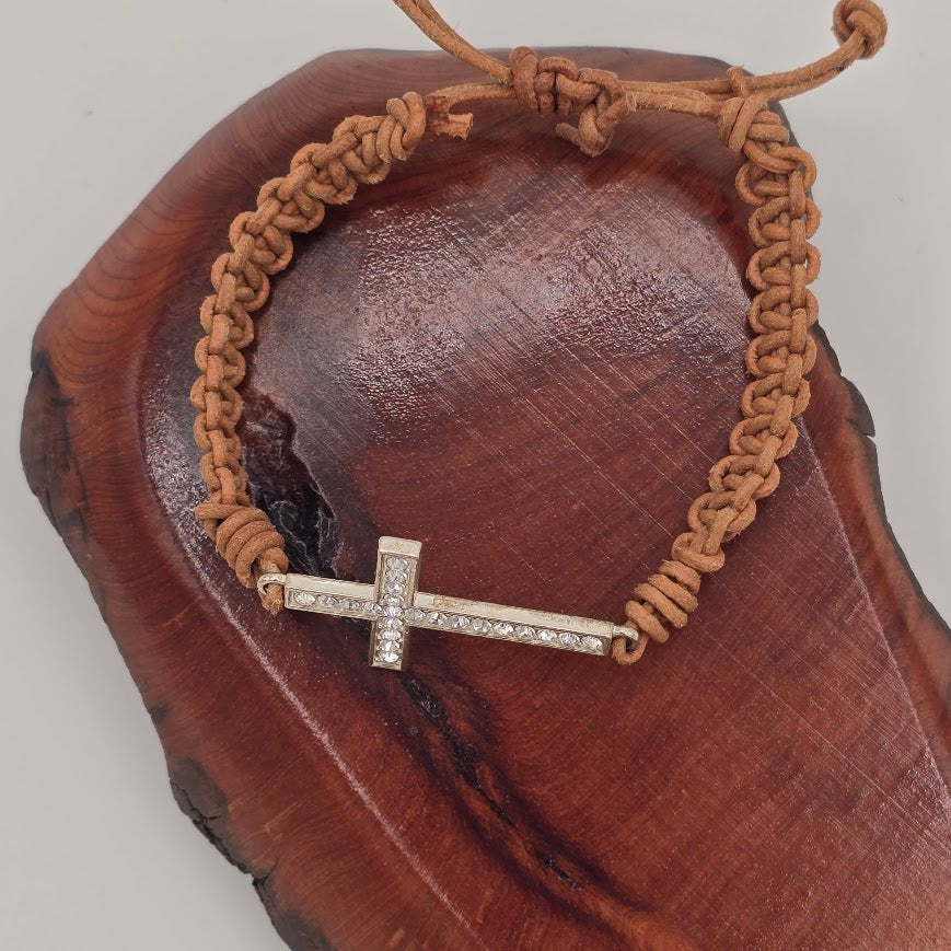 Handmade Jewelry; Sparkle Cross on Natural Tan Leather with Adjustable Closure; Tina Lucas; The Cool Collective; Woman-Owned Small Business