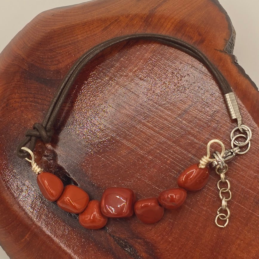 Handmade Jewelry;  Red Jasper Nuggets with Dark Brown Leather and Extender Chain; Tina Lucas; The Cool Collective; Woman-Owned Small Business