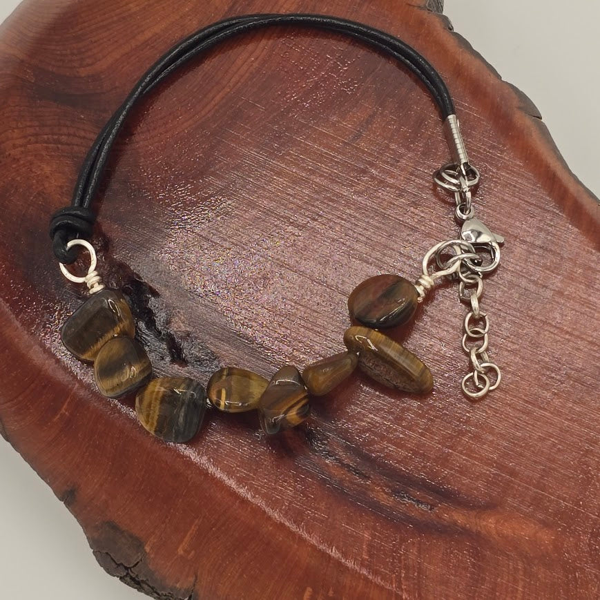 Handmade Jewelry; Tiger's Eye with Black Leather and Extender Chain; Tina Lucas; The Cool Collective; Woman-Owned Small Business