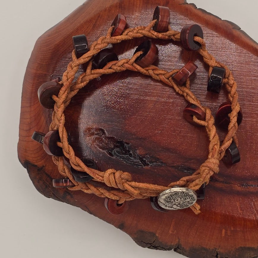 Braided Natural Tan Leather Double Wrap Bracelet with Red Tiger's Eye and Tree of Life Button Closure
