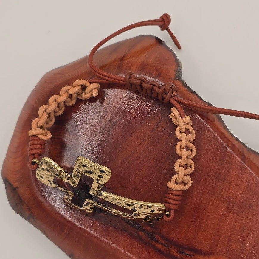 Handmade Jewelry; Hammered Gold Tone Cross on Two Tone Leather with Adjustable Closure; Tina Lucas; The Cool Collective; Woman-Owned Small Business