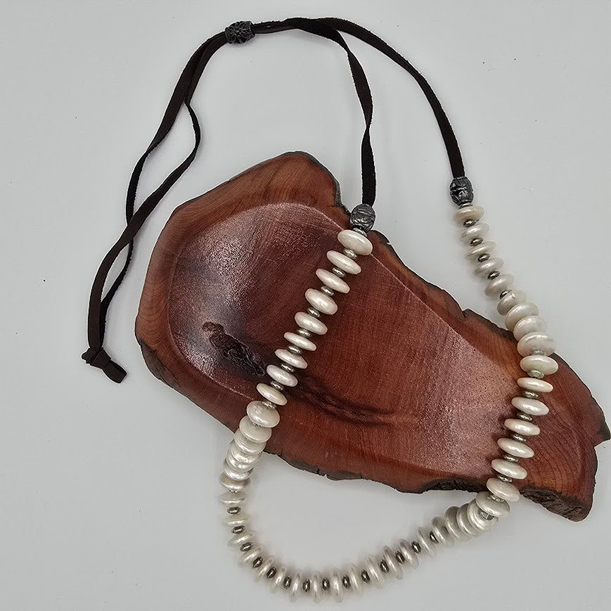 Coin Pearls Necklace with Silver Tone Spacers on Brown Leather; Adjustable