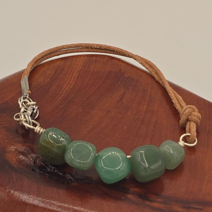 Handmade Jewelry; Green Aventurine with Natural Tan Leather and Extender Chain; Tina Lucas; The Cool Collective; Woman-Owned Small Business