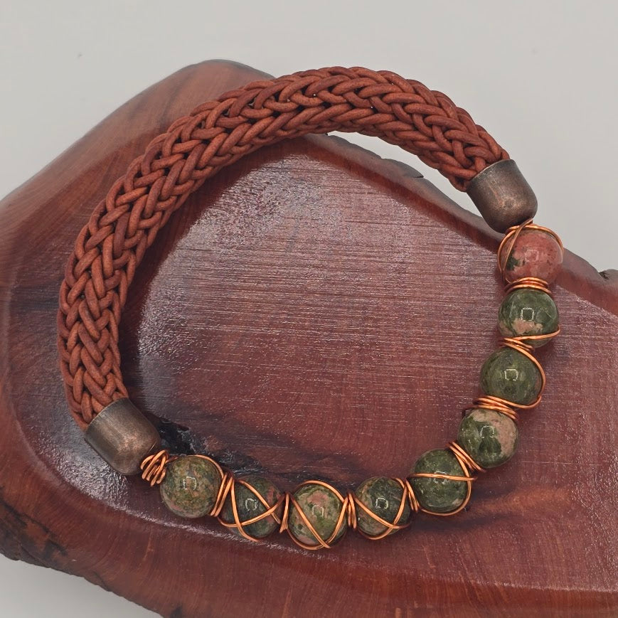 Handmade Jewelry; Medium Brown Leather; Viking Knit; Copper-Wrapped Unakite Stones; Tina Lucas; The Cool Collective; Woman-Owned Small Business
