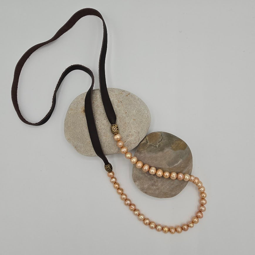 Champagne Pearls and Dark Brown Leather Necklace