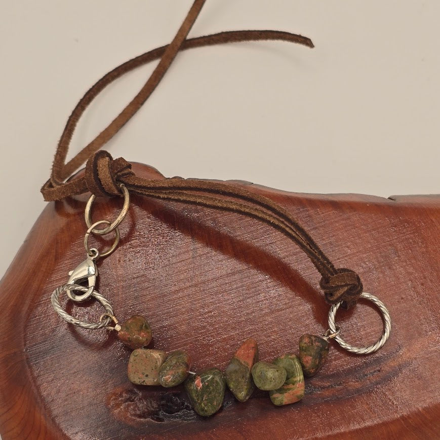 Handmade Jewelry; Unakite with Dark Brown Suede; Adjustable Style; Silver Tone Accents; Tina Lucas; The Cool Collective; Woman-Owned Small Business