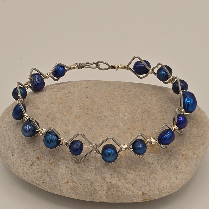 Handmade Jewelry; Royal Blue Freshwater Pearls Bangle Bracelet on Unique Silver Tone Wire Frame; Tina Lucas; The Cool Collective; Woman-Owned Small Business