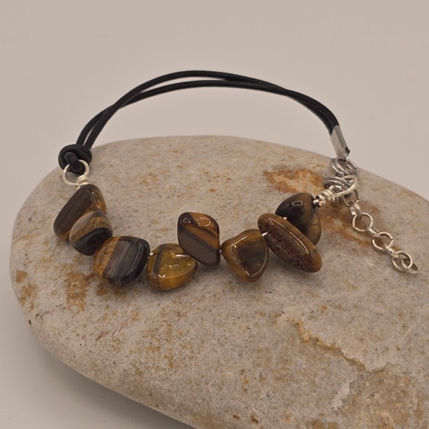 Handmade Jewelry; Tiger's Eye with Black Leather and Extender Chain; Tina Lucas; The Cool Collective; Woman-Owned Small Business