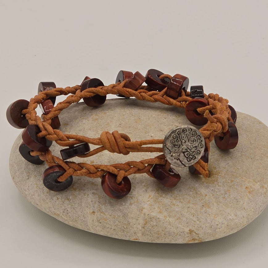 Braided Natural Tan Leather Double Wrap Bracelet with Red Tiger's Eye and Tree of Life Button Closure