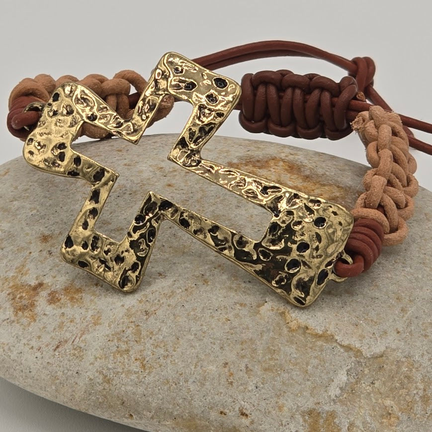 Handmade Jewelry; Hammered Gold Tone Cross on Two Tone Leather with Adjustable Closure; Tina Lucas; The Cool Collective; Woman-Owned Small Business