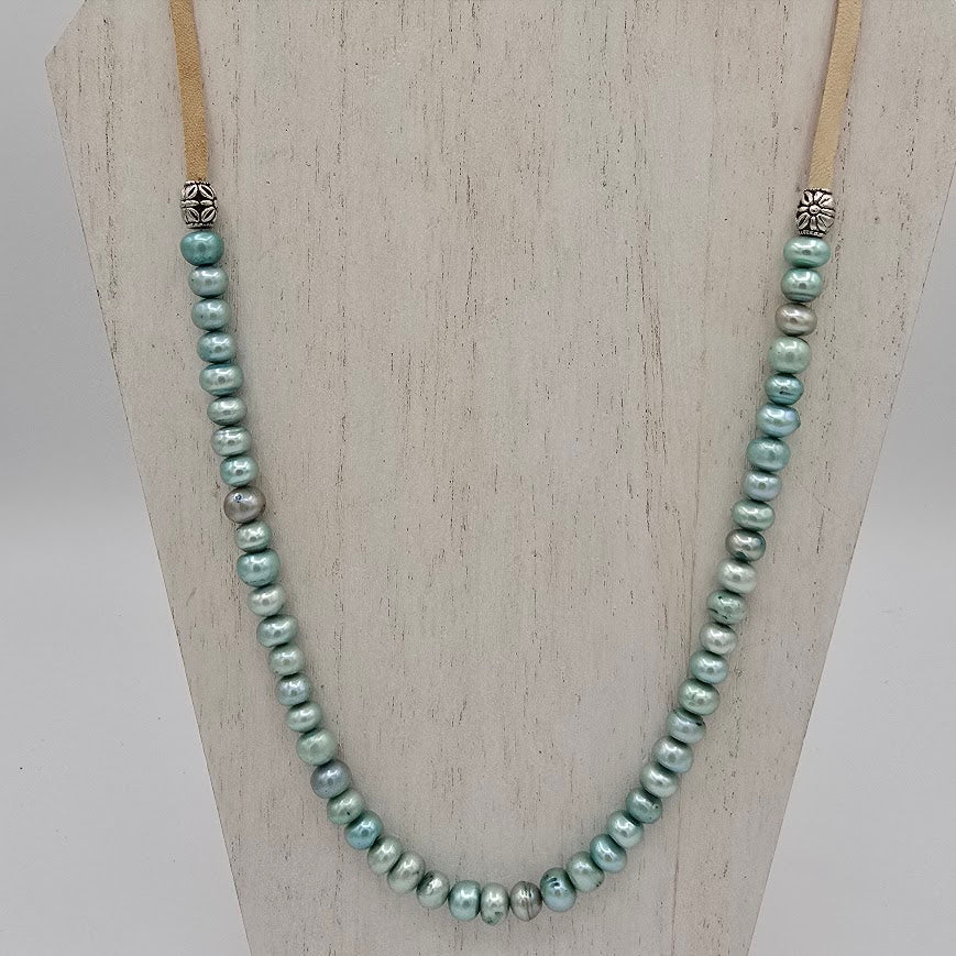 Blue Button Freshwater Pearls Necklace on Cream Leather; Adjustable Necklace