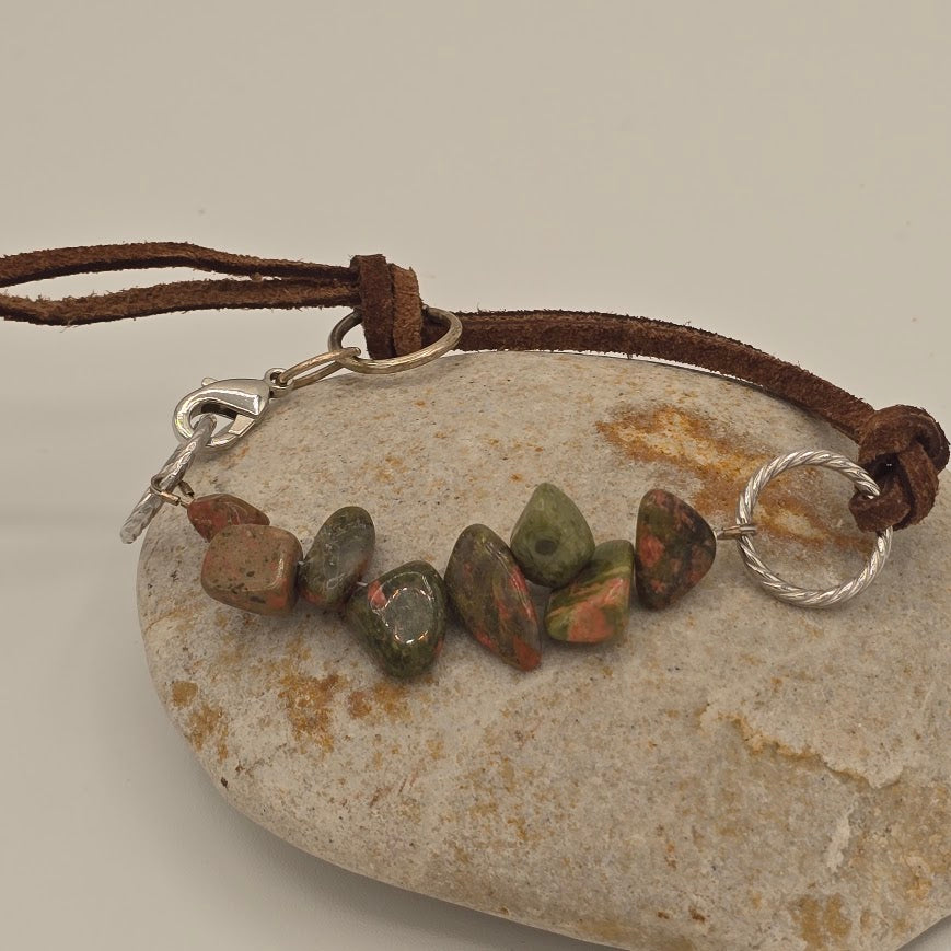 Handmade Jewelry; Unakite with Dark Brown Suede; Adjustable Style; Silver Tone Accents; Tina Lucas; The Cool Collective; Woman-Owned Small Business