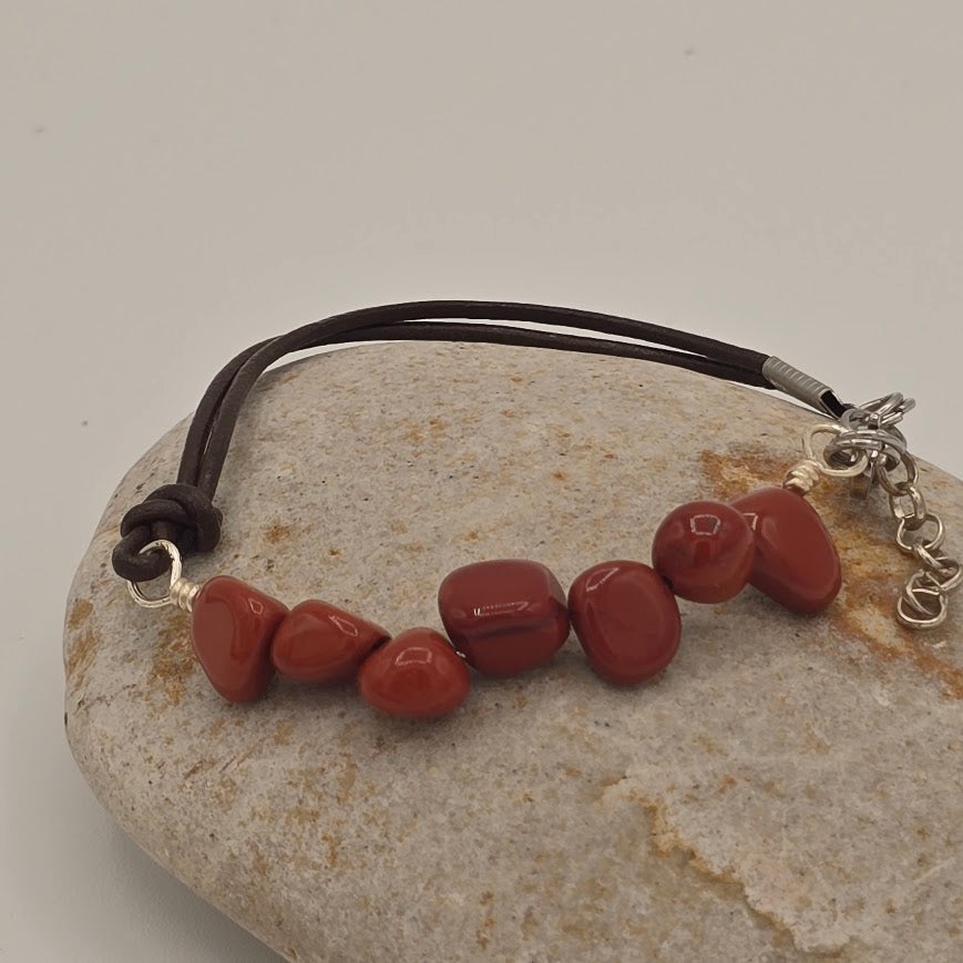 Handmade Jewelry; Red Jasper Nuggets with Dark Brown Leather and Extender Chain; Tina Lucas; The Cool Collective; Woman-Owned Small Business