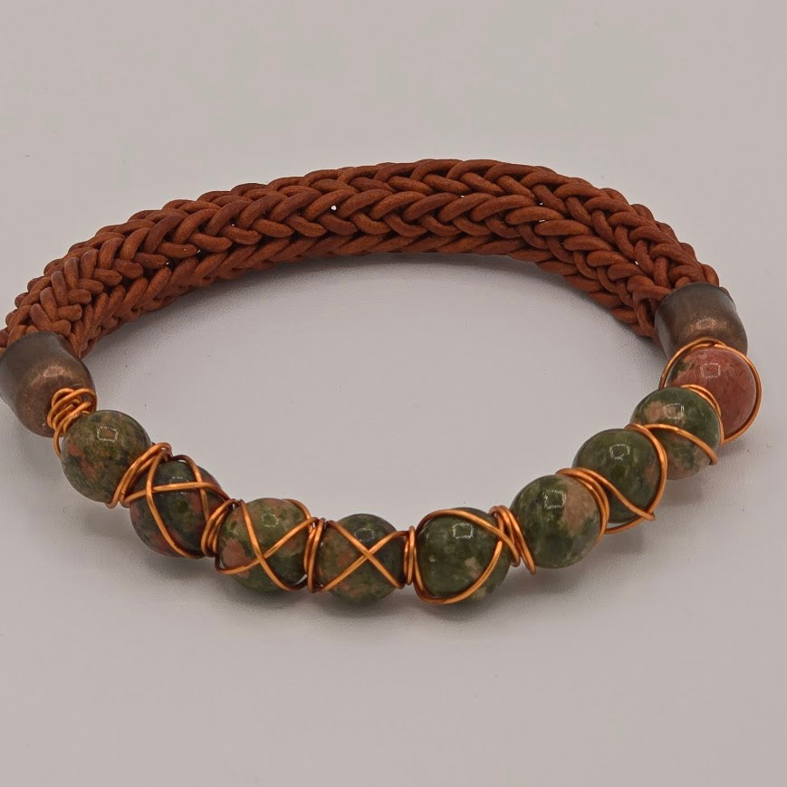 Handmade Jewelry; Medium Brown Leather; Viking Knit; Copper-Wrapped Unakite Stones; Tina Lucas; The Cool Collective; Woman-Owned Small Business
