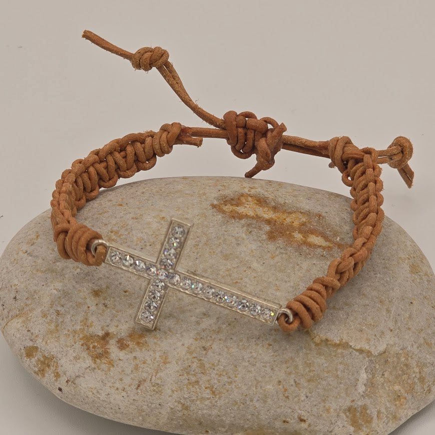 Handmade Jewelry; Sparkle Cross on Natural Tan Leather with Adjustable Closure; Tina Lucas; The Cool Collective; Woman-Owned Small Business