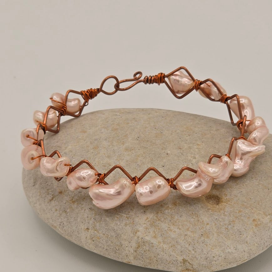 Pink-Peach Pearls Wire Wrapped on a Copper Frame Bangle Bracelet