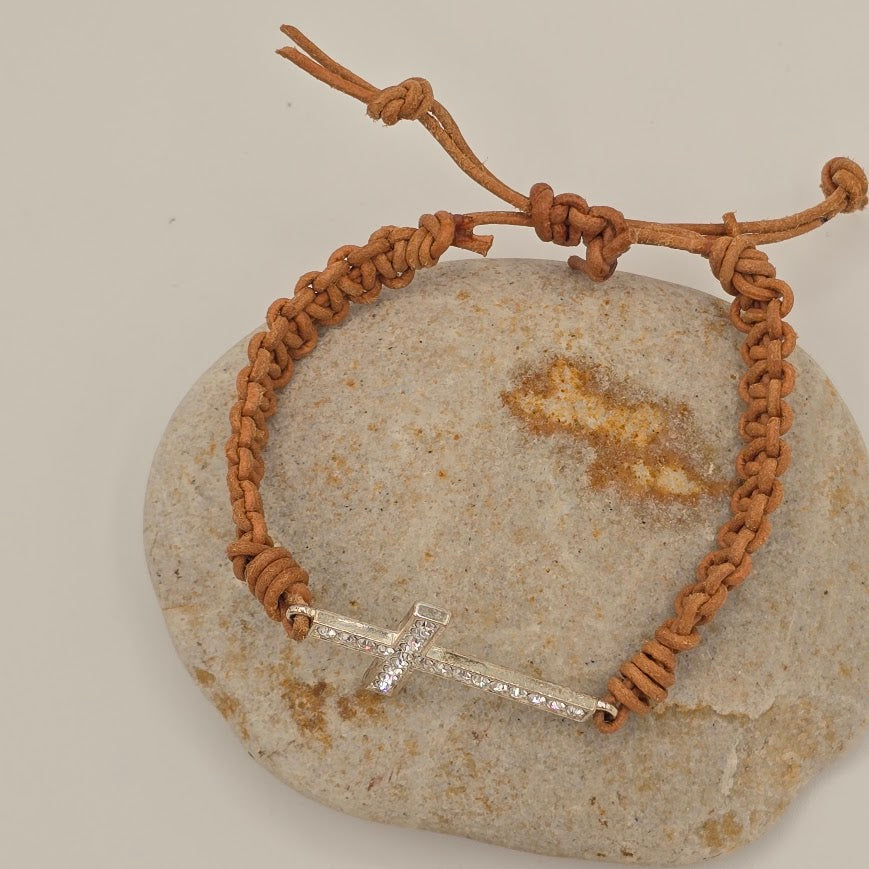 Handmade Jewelry; Sparkle Cross on Natural Tan Leather with Adjustable Closure; Tina Lucas; The Cool Collective; Woman-Owned Small Business