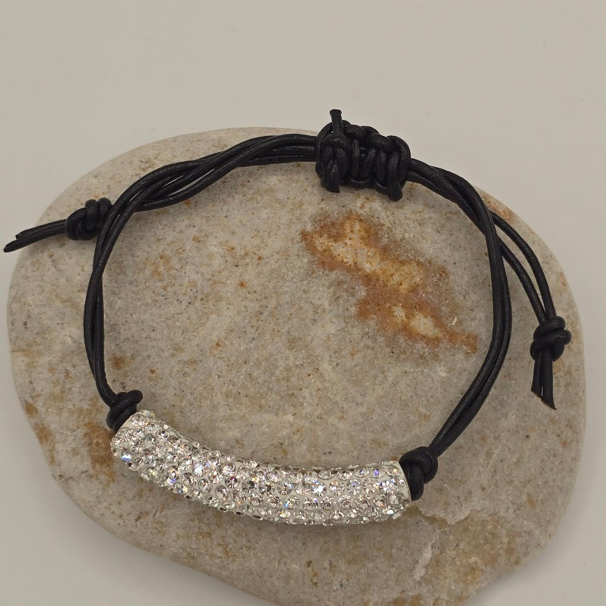 Handmade Jewelry; Sparkly Tube Focal on Black Leather with Adjustable Closure; Tina Lucas; The Cool Collective; Woman-Owned Small Business