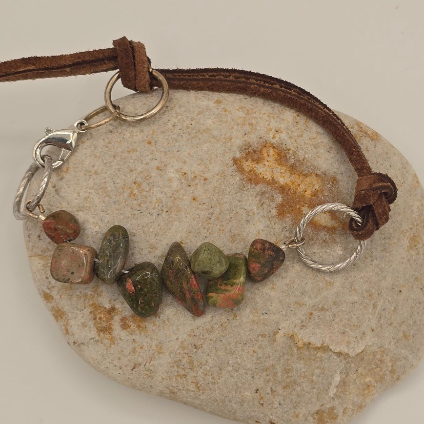 Handmade Jewelry; Unakite with Dark Brown Suede; Adjustable Style; Silver Tone Accents; Tina Lucas; The Cool Collective; Woman-Owned Small Business