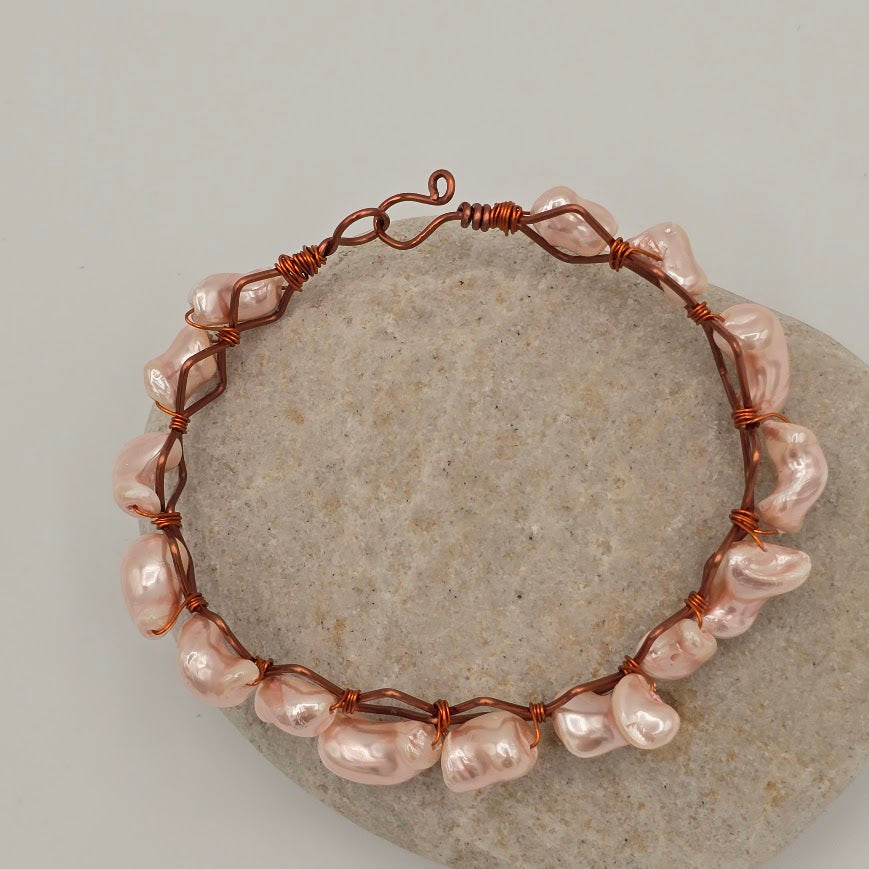 Pink-Peach Pearls Wire Wrapped on a Copper Frame Bangle Bracelet