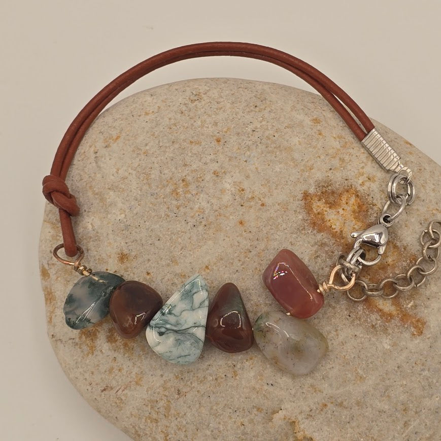 Handmade Jewelry; Fancy Jasper with Medium Brown Leather with Extender Chain; Tina Lucas; The Cool Collective; Woman-Owned Small Business