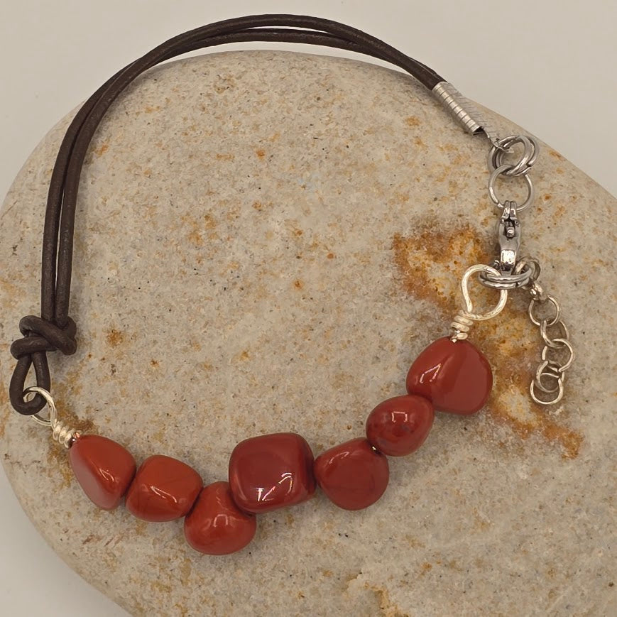 Handmade Jewelry; Red Jasper Nuggets with Dark Brown Leather and Extender Chain; Tina Lucas; The Cool Collective; Woman-Owned Small Business