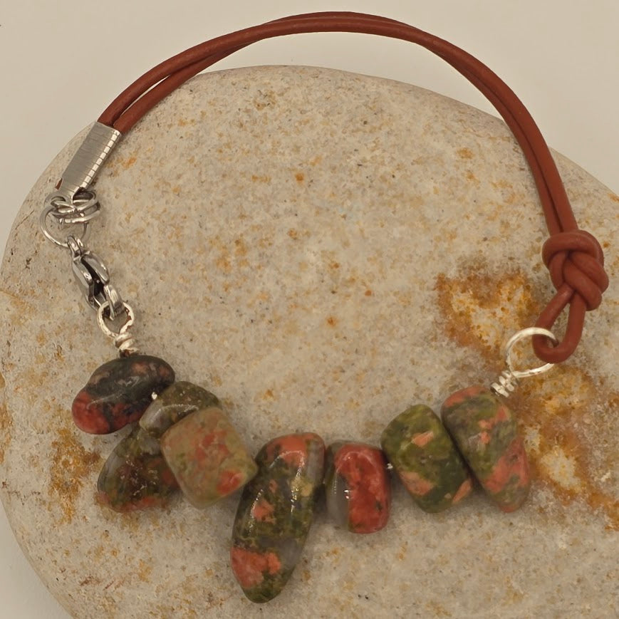 Handmade Jewelry; Unakite with Medium Brown Leather and Extender Chain; Tina Lucas; The Cool Collective; Woman-Owned Small Business