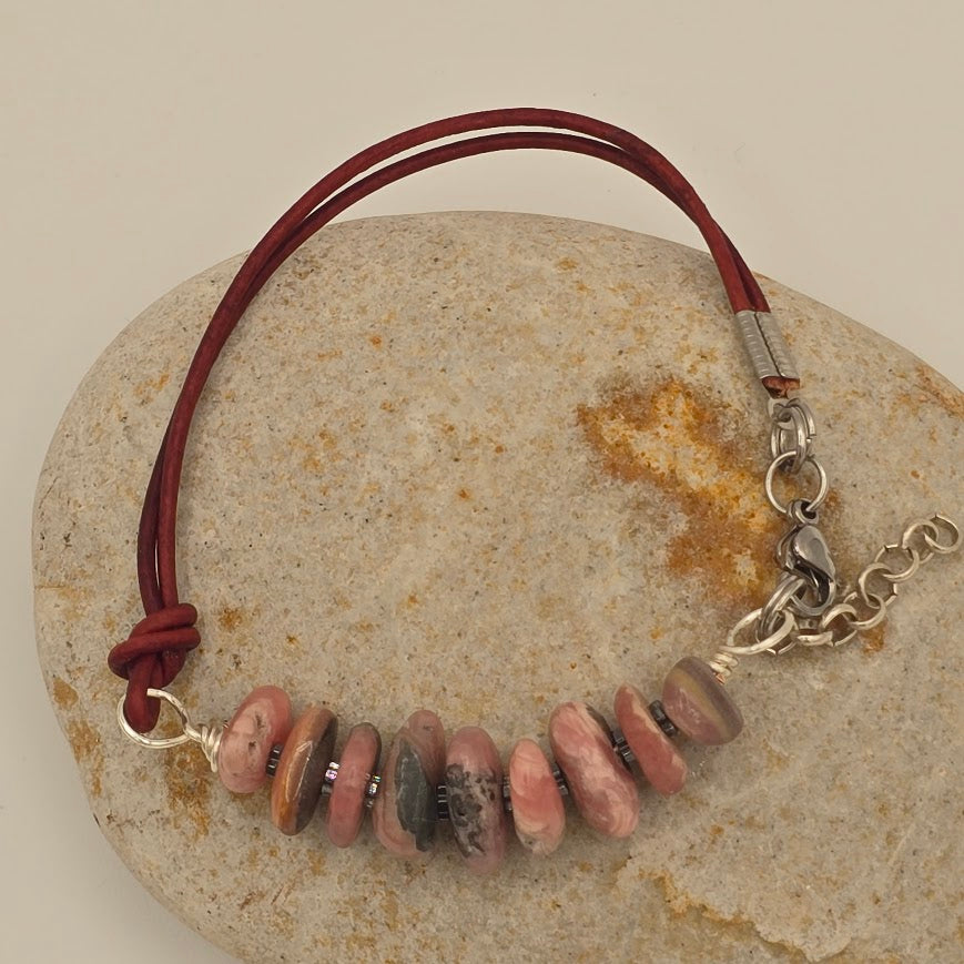 Handmade Jewelry; Rhodochrosite and Hematite with Turkish Red Leather and Extender Chain; Tina Lucas; The Cool Collective; Woman-Owned Small Business