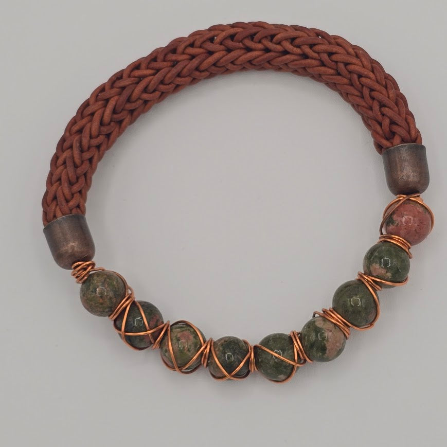 Handmade Jewelry; Medium Brown Leather; Viking Knit; Copper-Wrapped Unakite Stones; Tina Lucas; The Cool Collective; Woman-Owned Small Business