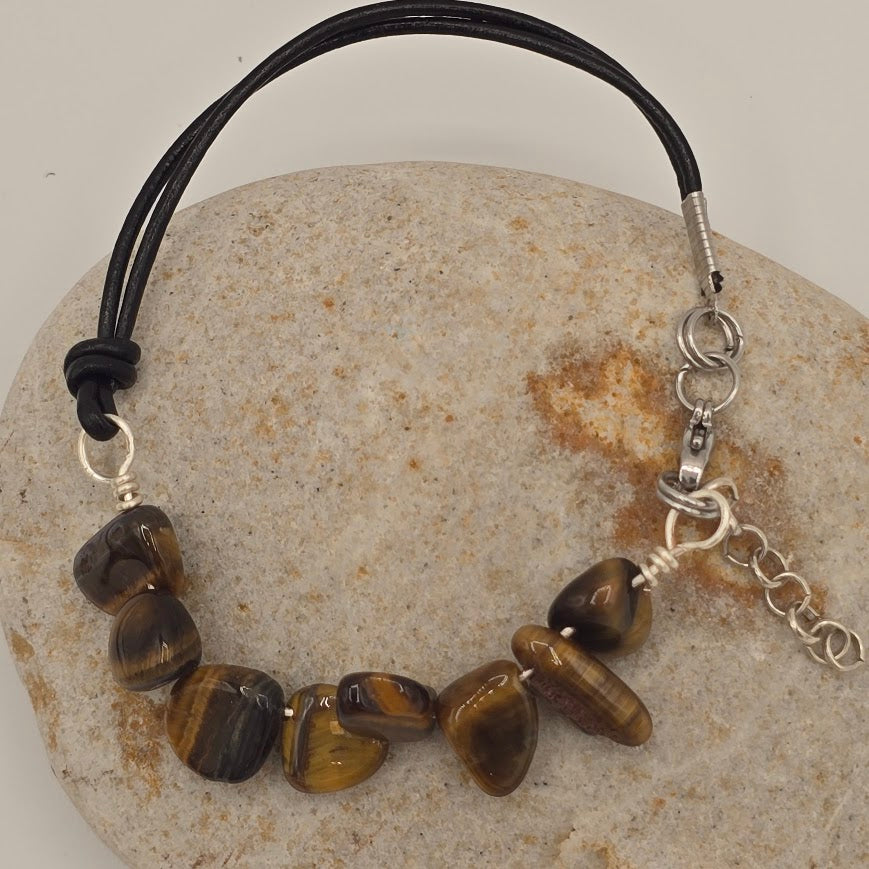 Handmade Jewelry; Tiger's Eye with Black Leather and Extender Chain; Tina Lucas; The Cool Collective; Woman-Owned Small Business