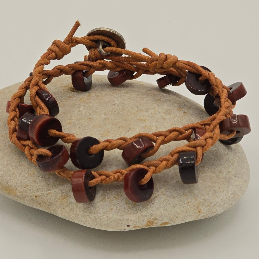 Braided Natural Tan Leather Double Wrap Bracelet with Red Tiger's Eye and Tree of Life Button Closure