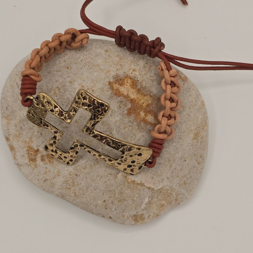 Handmade Jewelry; Hammered Gold Tone Cross on Two Tone Leather with Adjustable Closure; Tina Lucas; The Cool Collective; Woman-Owned Small Business