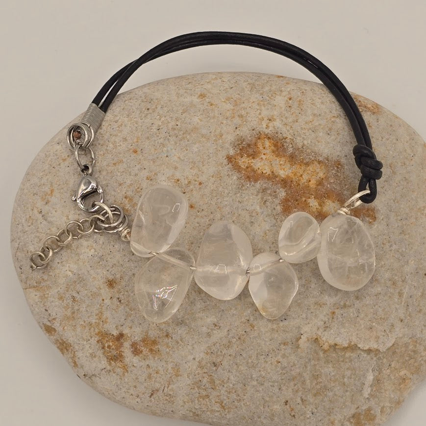 Handmade Jewelry; Rock Crystal Quartz with Black Leather and Extender Chain; Tina Lucas; The Cool Collective; Woman-Owned Small Business