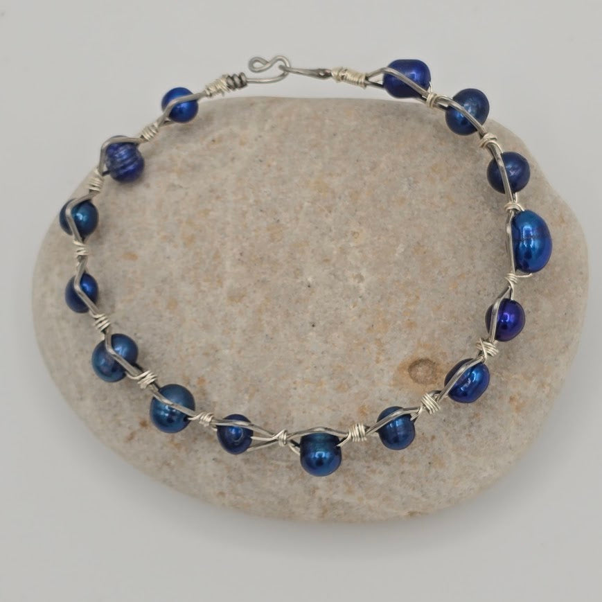 Handmade Jewelry; Royal Blue Freshwater Pearls Bangle Bracelet on Unique Silver Tone Wire Frame; Tina Lucas; The Cool Collective; Woman-Owned Small Business
