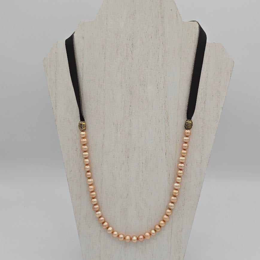 Champagne Pearls and Dark Brown Leather Necklace